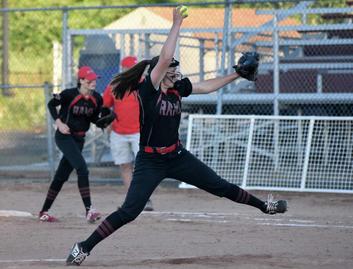Cheshire’s Bri Pearson pitches in the Class LL semifinals at DeLuca Field in Stratford in 2019.