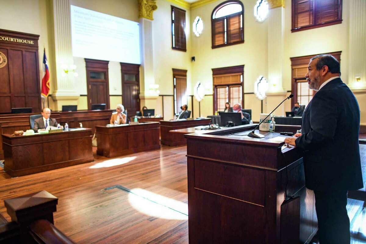 District Court Judge Ron Rangel, who is also the administrative judge, speaks before Bexar County Commissioners Court on Tuesday, April 20, 2021, about his plan to resume in-person jury trials at the Cadena-Reeves Justice Center on June 1.