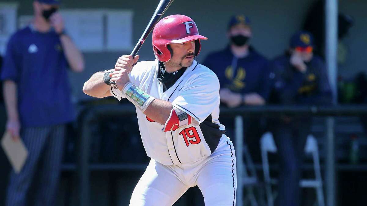 Fairfield's Mike Caruso (19) during an NCAA baseball game against Quinnipiac on Wednesday, April 7, 2021, in Fairfield, Conn. (AP Photo/Stew Milne)