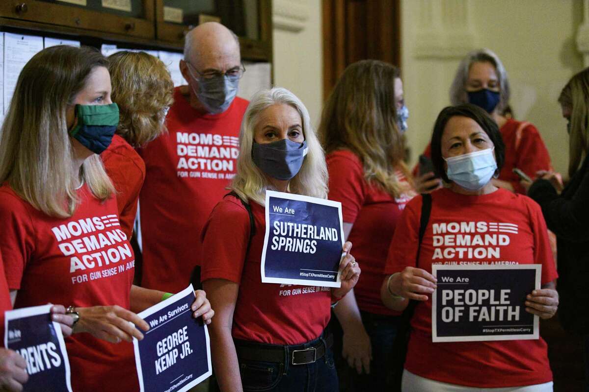 A group called “Moms Demand Action” gathers at the Texas Capitol to voice their opposition to permitless carry on Thursday, April 15, 2021, as the legislature considers the issue of the "constitutional carry" of firearms that would allow those without handgun licenses to carry concealed pistols in public.