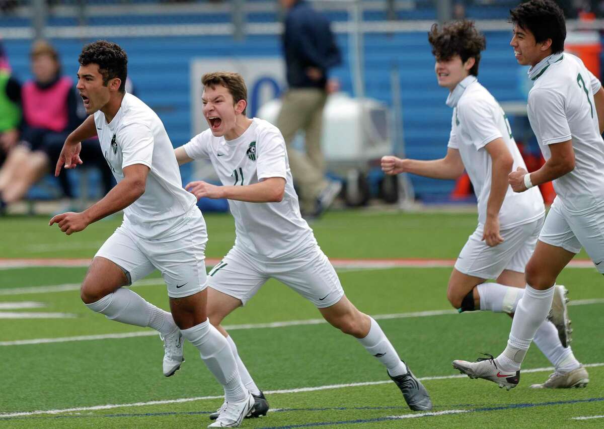 Kingwood Park forward Andrew Guerra (11) celebrates after tying the match 1-1 in the second period of the UIL Class 5A boys state soccer championship, Saturday, April 17, 2021, in Georgetown. Frisco Wakeland defeated Kingwood Park 3-2.