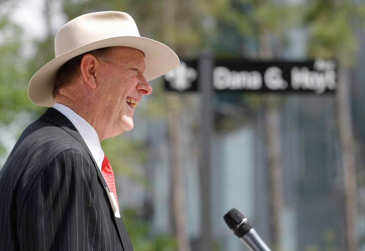 Tommy Metcalf, former mayor of Conroe, speaks during a street dedication for Dr. Dana G. Hoyt, former president of Sam Houston State University, at the university’s College of Osteopathic Medicine, Wednesday, April 21, 2021, in Conroe.