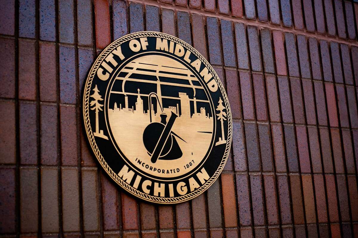 The City of Midland seal sits on the city hall building at 333 W. Ellsworth St. on April 21, 2021.