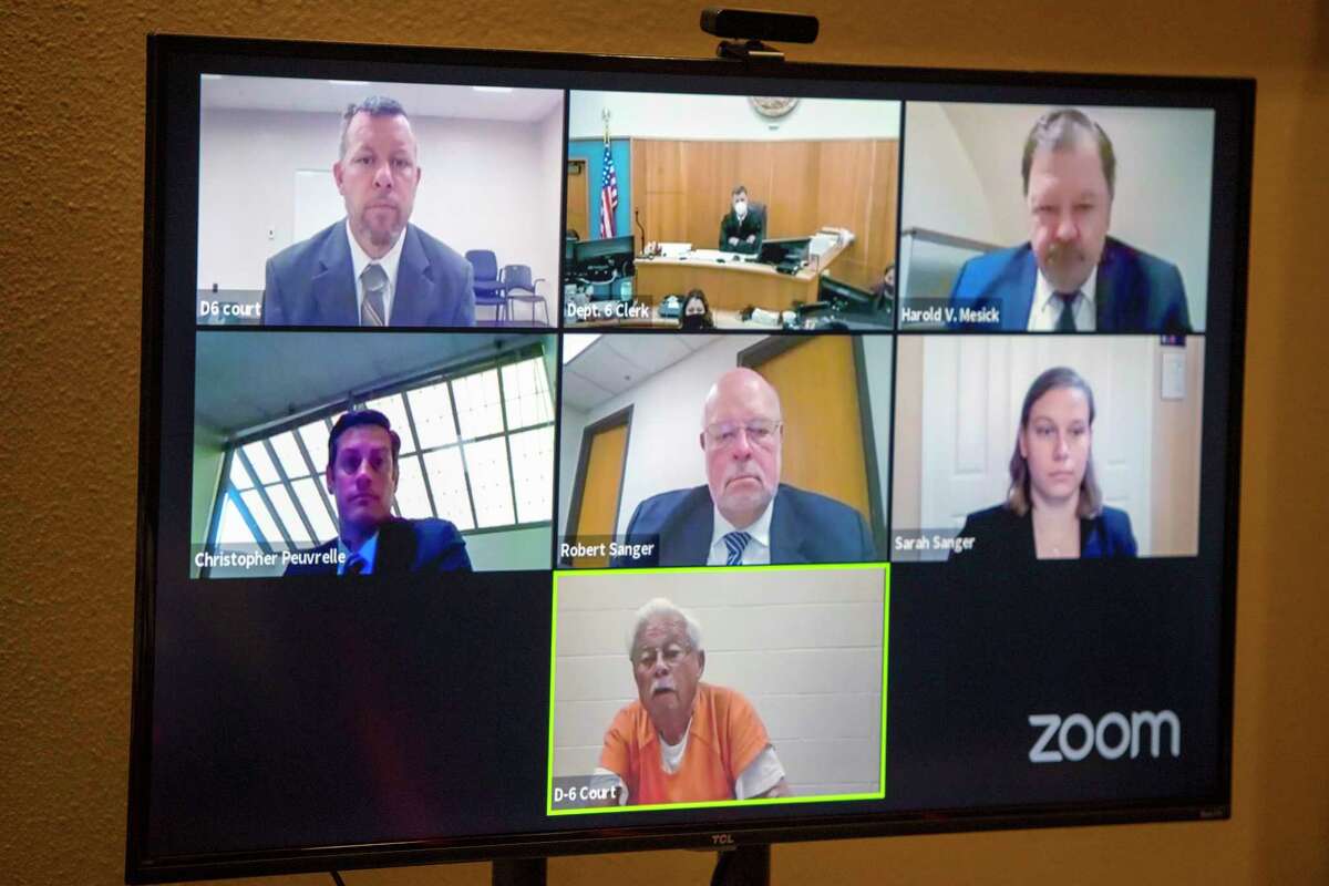 Defendants Paul Flores, top left, and his father Ruben Flores, bottom center, appear via video conference during their arraignment in the Kristin Smart case, April 15, 2021, in San Luis Obispo Superior Court.