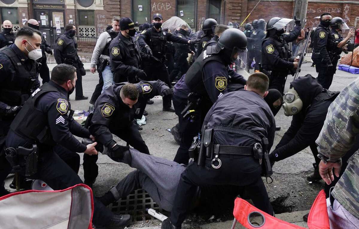 Albany Police move in to clear out protesters from in front of the South Station on Thursday, April 22, 2021, in Albany, N.Y. (Paul Buckowski/Times Union)