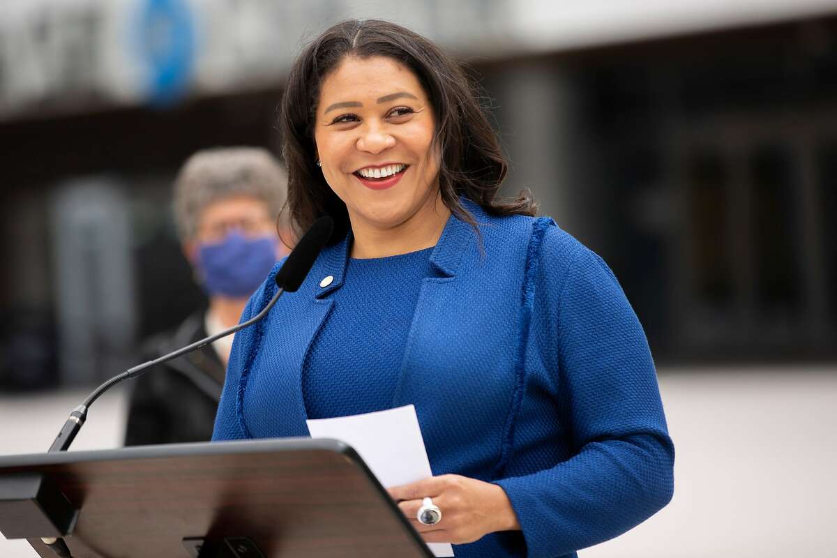 Mayor London Breed during a news conference at Chase Center, Thursday, April 22, 2021, in San Francisco, Calif. The city’s leaders will announced that S.F. is accelerating two of its climate policy goals. First, the city will commit to supplying 100% carbon-free electricity to CleanPowerSF customers by 2025, 5 years faster than originally planned. Second, the city will seek to become carbon-neutral, emitting no greenhouse gases into the atmosphere, by 2045 instead of 2050.