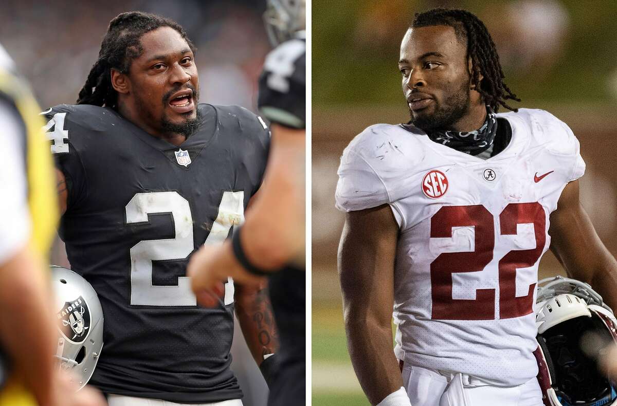 Oakland Raiders' Marshawn Lynch during 45-42 overtime win over Cleveland Browns during NFL game at Oakland Coliseum in Oakland, Calif. on Sunday, September 30, 2018. (Scott Strazzante / The Chronicle) (Left) and Alabama running back Najee Harris during the second half of an NCAA college football game against Missouri, Saturday, Sept. 26, 2020, in Columbia, Mo. (AP Photo/L.G. Patterson)