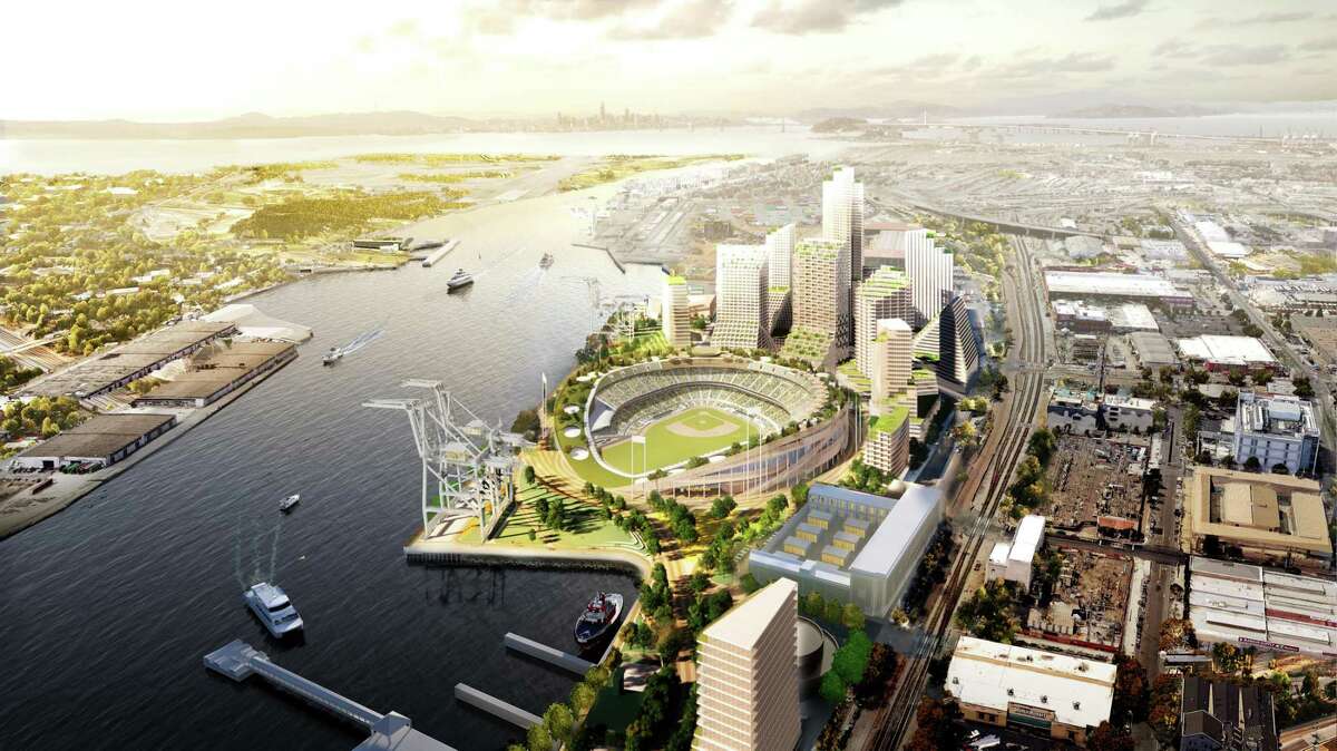 Renderings of the Oakland A's plans to build a waterfront stadium at the Port of Oakland's Howard Terminal.
