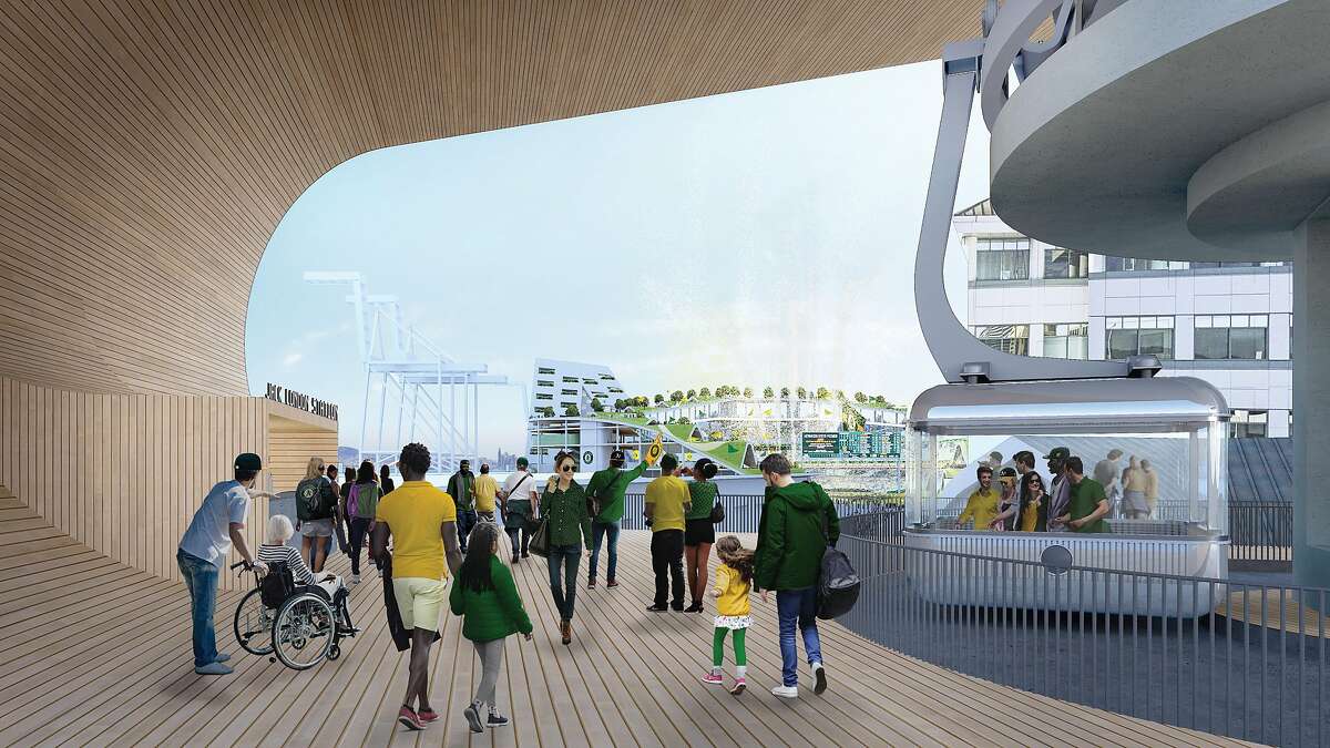The Oakland A's unveiled plans for a gondola to run from BART to their proposed Howard Terminal site, including a tower above Washington Street.