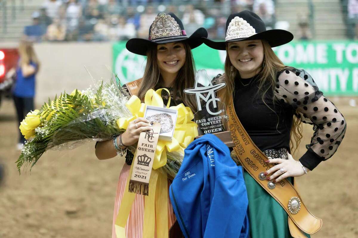 Morgan McGee, left, poses for a portrait with 2020 Fair Queen Danae Lesner, after she is crowned Fair Queen at the annual Montgomery County Fair and Rodeo, Saturday, April 10, 2021, in Conroe. Last year's crowning took place in a social distanced setting with limited crowds after the county fair was closed due to the COVID-19 pandemic.