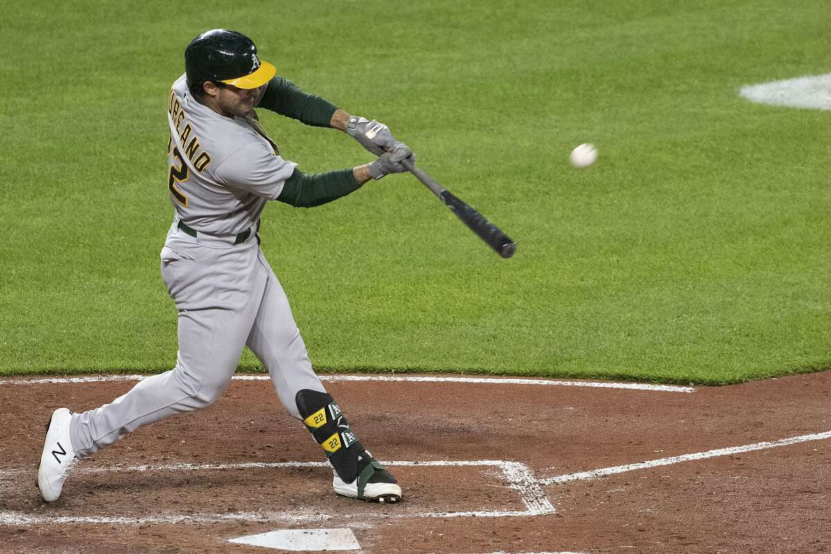 Oakland Athletics' Ramon Laureano hits a solo home run during the fifth inning of the team's baseball game against the Baltimore Orioles, Friday, April 23, 2021, in Baltimore. (AP Photo/Tommy Gilligan)