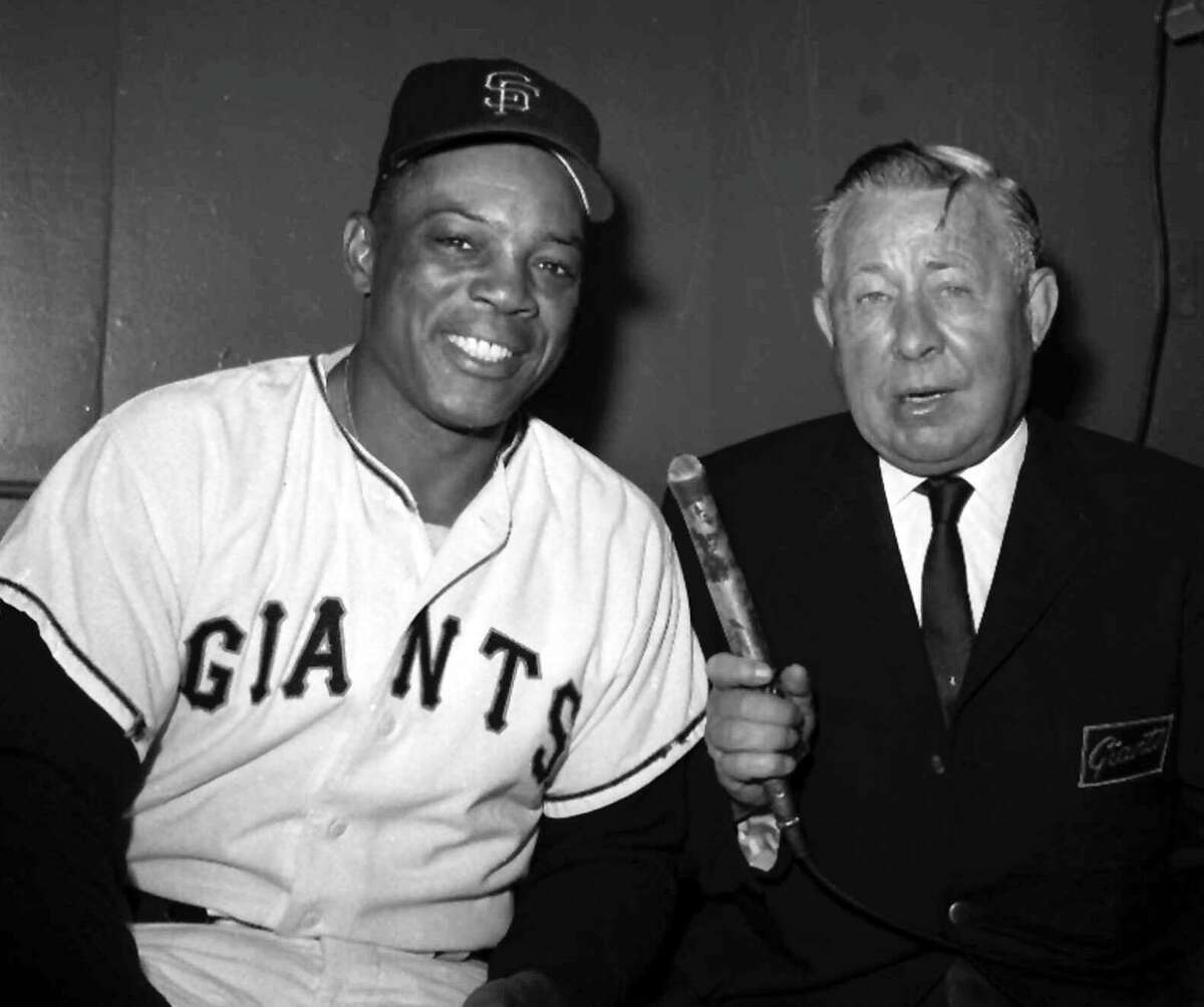 HODGES-B-30AUG66-SP-AP-Russ Hodges, right, who has broadcast Giants games in New York and San Francisco for 18 years prior, interviews centerfielder Willie Mays Aug. 30,1966 in San Francisco. Hodges is the only person to have seen every home hit by Mays, who often missed seeing them him self by sprinting around the bases, unsure he had more than a double or triple. Mays had already broken the right-handed record of 534 set by Jimmy Foxx. (AP Photo/rhh).lso ran 08/03/03