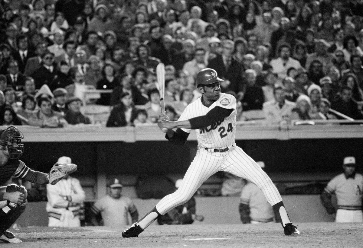 (Original Caption) This photo shows batting action pinch hitting of Willie Mays for Tug McGraw in the third game of the World Series. It was his last time at bat.