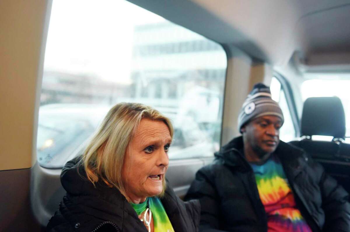 Liberation Programs Chief Clinical Officer Joanne Montgomery and Recovery Coach Glennard Brown chat inside the Mobile Wellness Van in the parking lot at the YMCA in Greenwich, Conn. Tuesday, Jan. 21, 2020. The Mobile Wellness Van travels throughout Fairfield County to provide on-the-street services to those struggling with opiates.