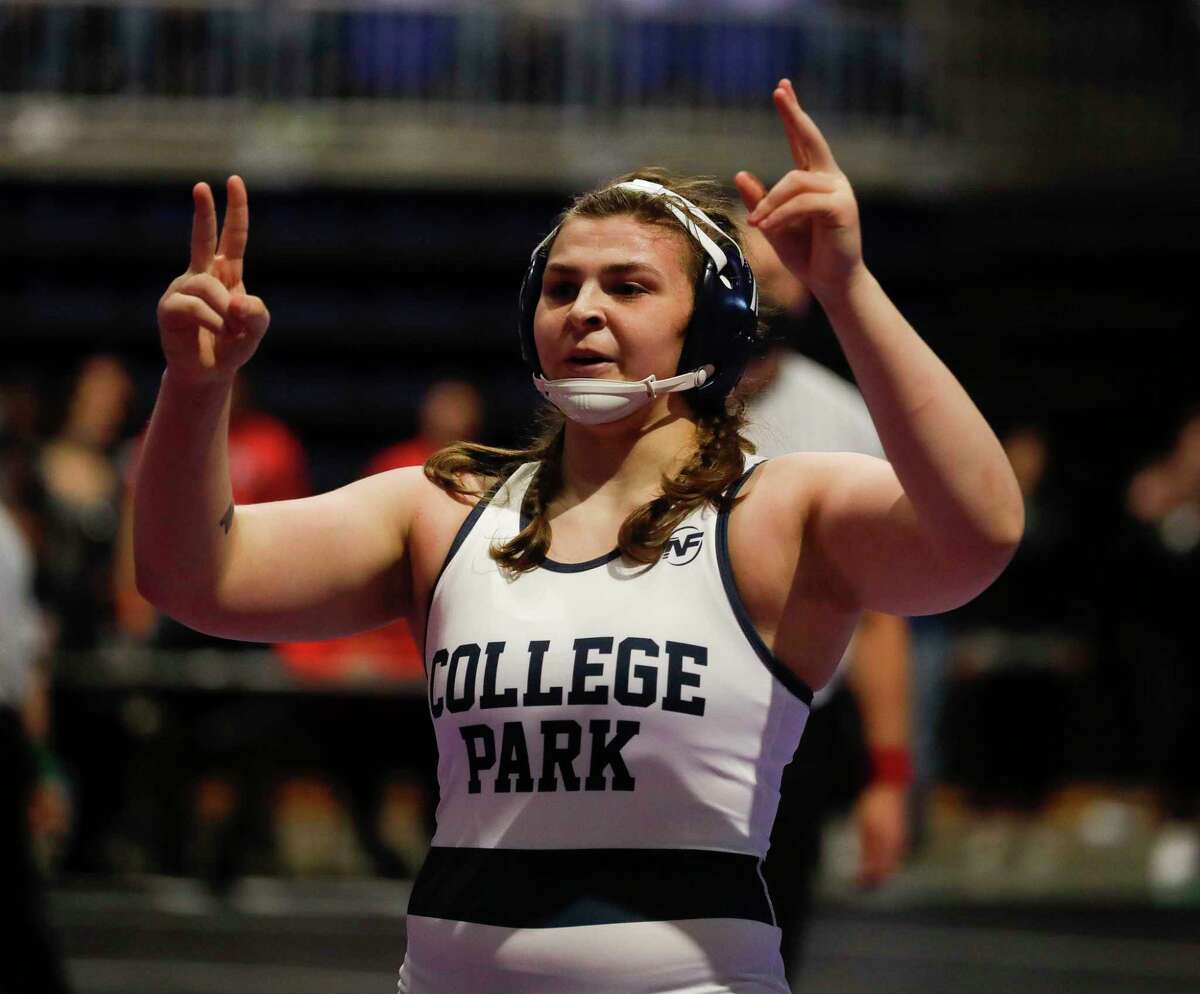 Brittyn Corbishley of College Park reacts after beating Nicole Blinn of Katy Tompkins in the Class 6A girls 185-pound championship during the UIL State Wrestling Championships, Saturday, April 24, 2021, in Cypress.