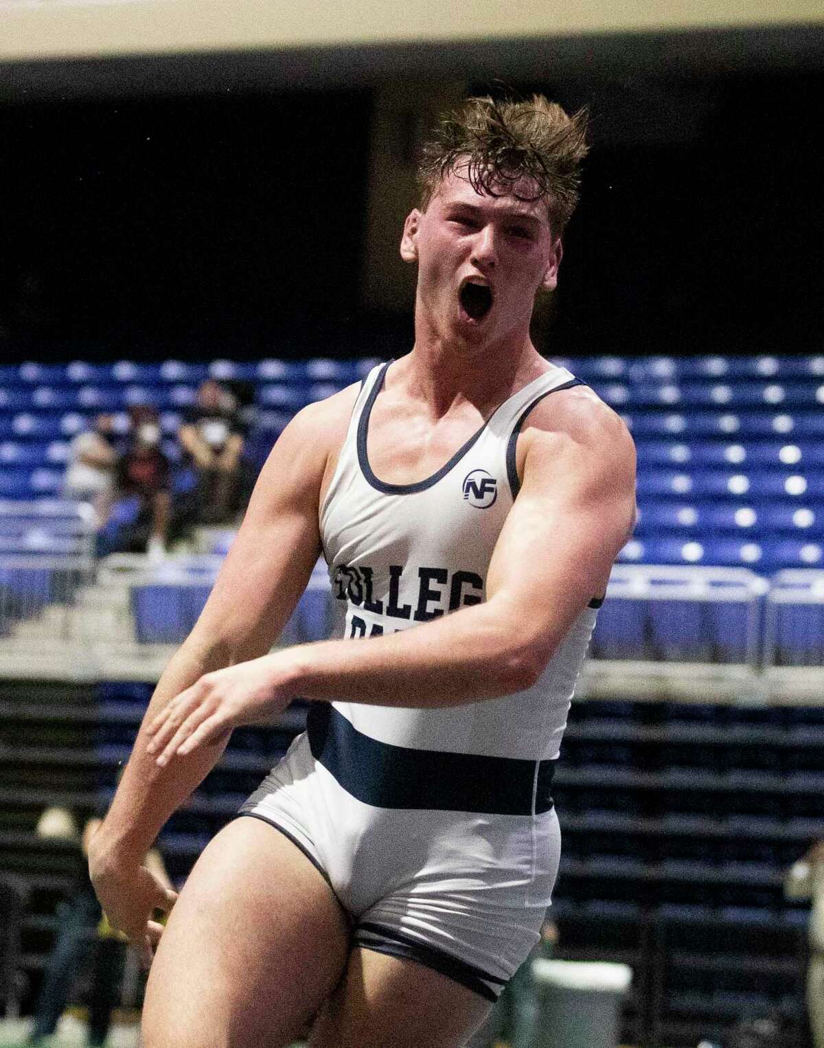 Jonathan Wertz of College Park reacts after defeating Farid Mobarak of Plano West in the Class 6A boys 182-pound championship during the UIL State Wrestling Championships, Saturday, April 24, 2021, in Cypress.