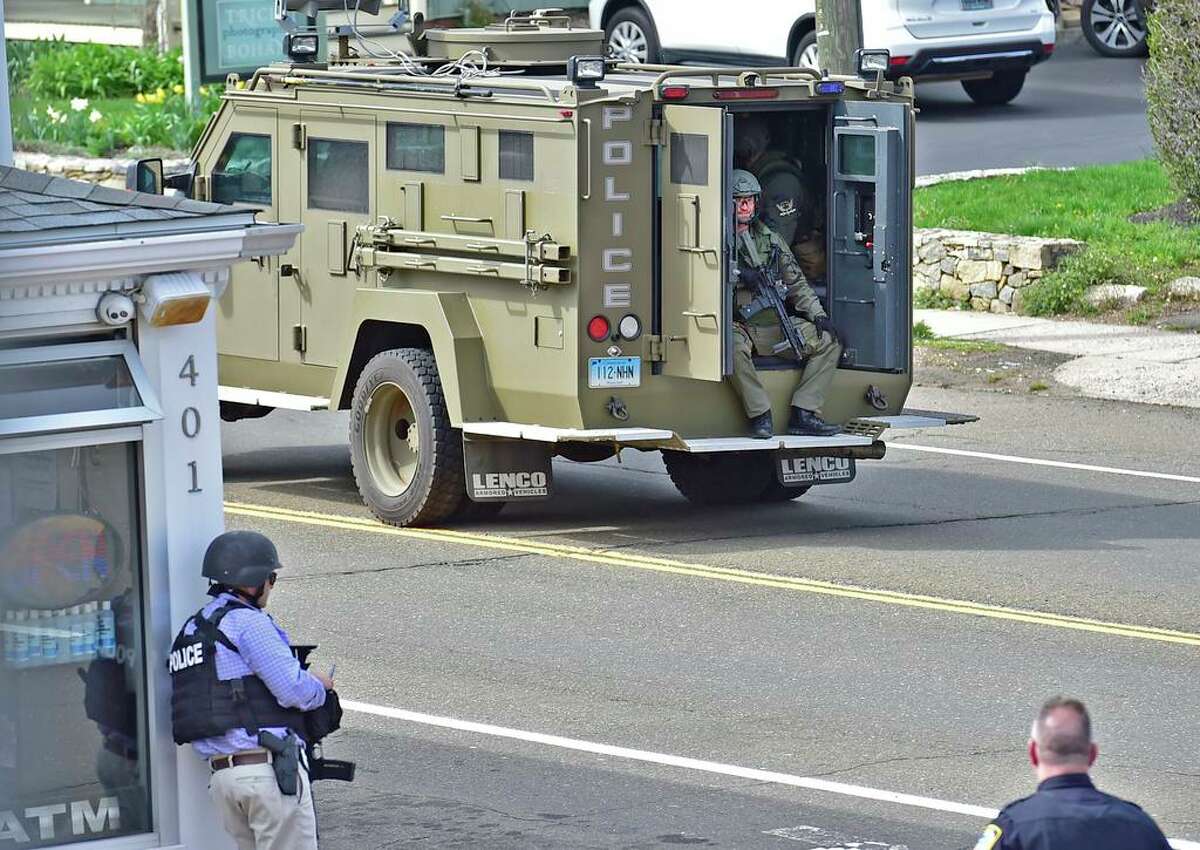 New Haven Police Emergency Services Unit driving to an active shooter scene on Main Street in Branford, April 13, 2021.