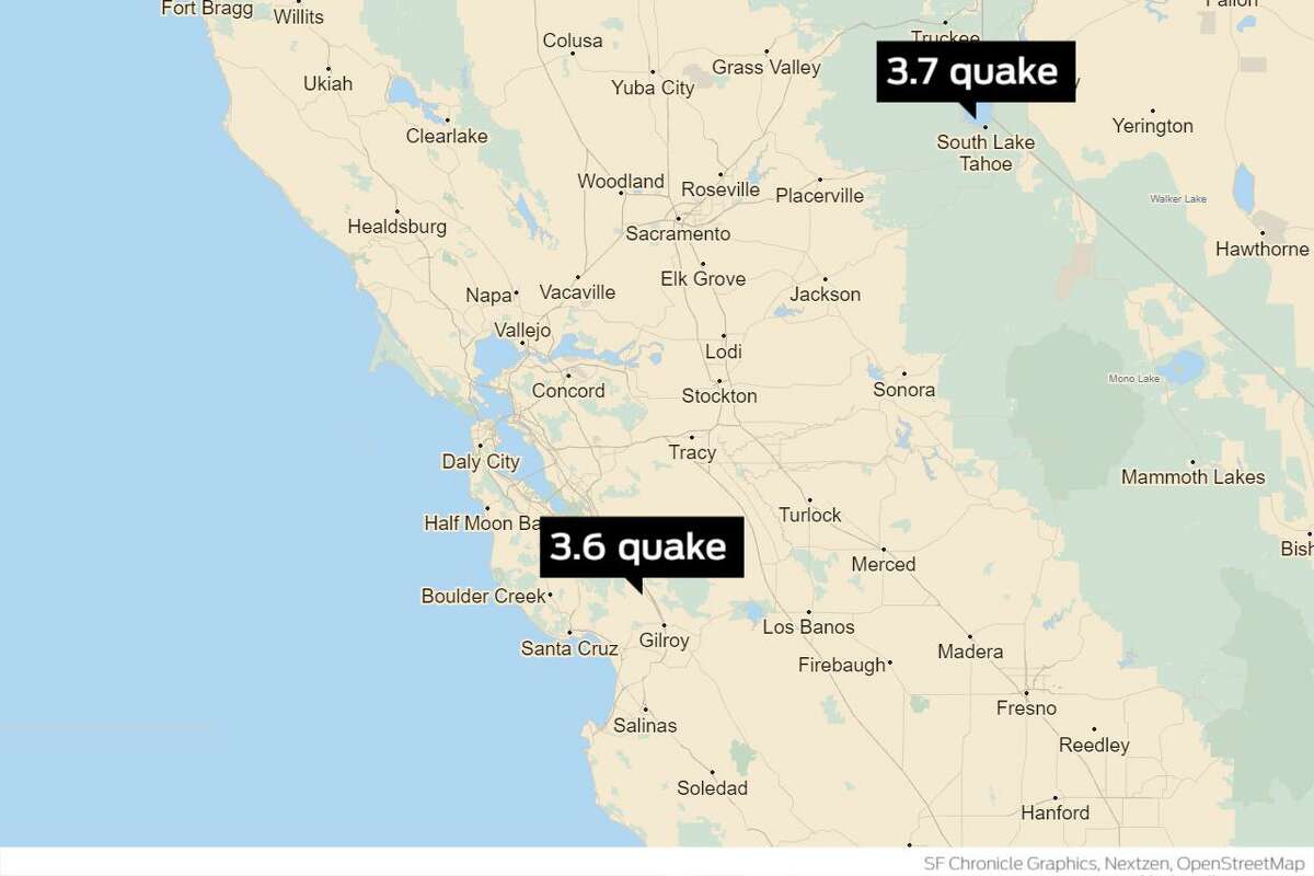 Two earthquakes occurred beneath Lake Tahoe and near Morgan Hill, according to the U.S. Geological Survey.