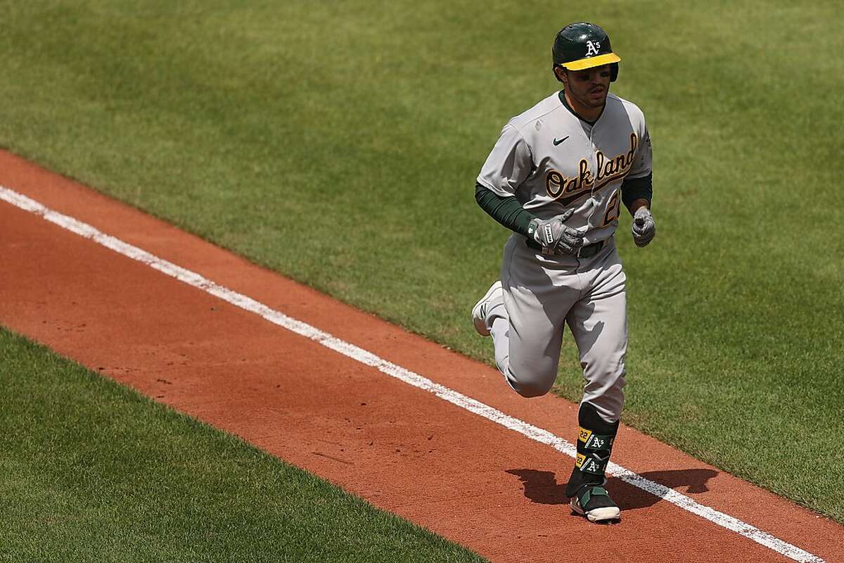 Ramon Laureano #22 of the Oakland Athletics rounds the bases after hitting a home run against the Baltimore Orioles during the fourth inning at Oriole Park at Camden Yards on April 25, 2021 in Baltimore, Maryland.
