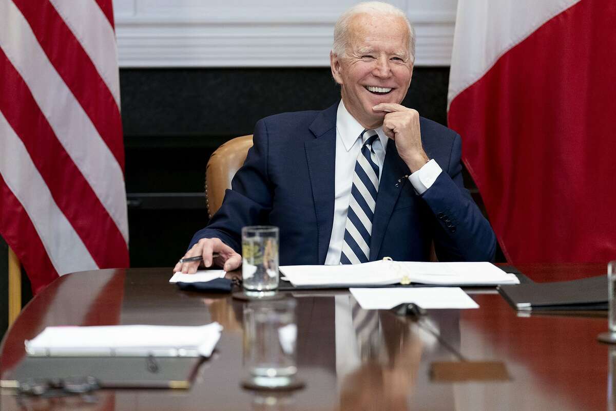 FILE - In this March 1, 2021, file photo President Joe Biden speaks during a virtual meeting with Mexican President Andres Manuel Lopez Obrador, in the Roosevelt Room of the White House in Washington. (AP Photo/Andrew Harnik, File)