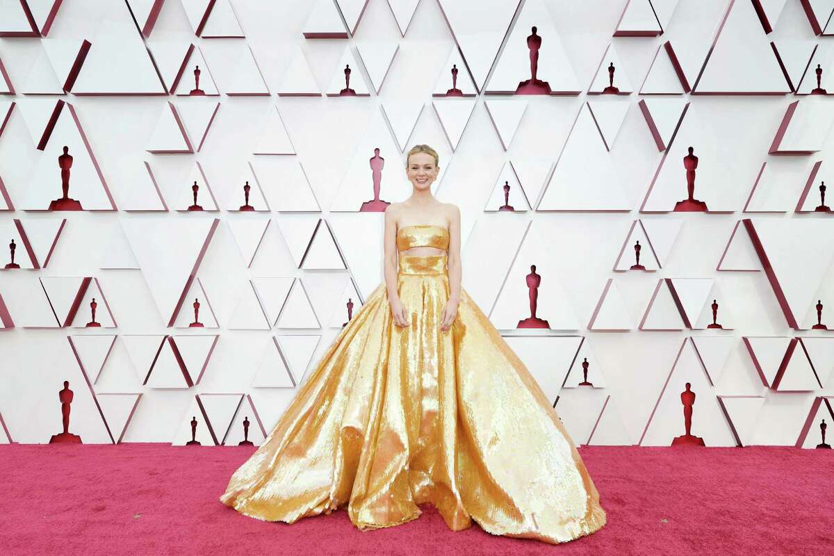 Carey Mulligan Walks Oscars 2021 Red Carpet in Golden Two-Piece Gown with  Marcus Mumford