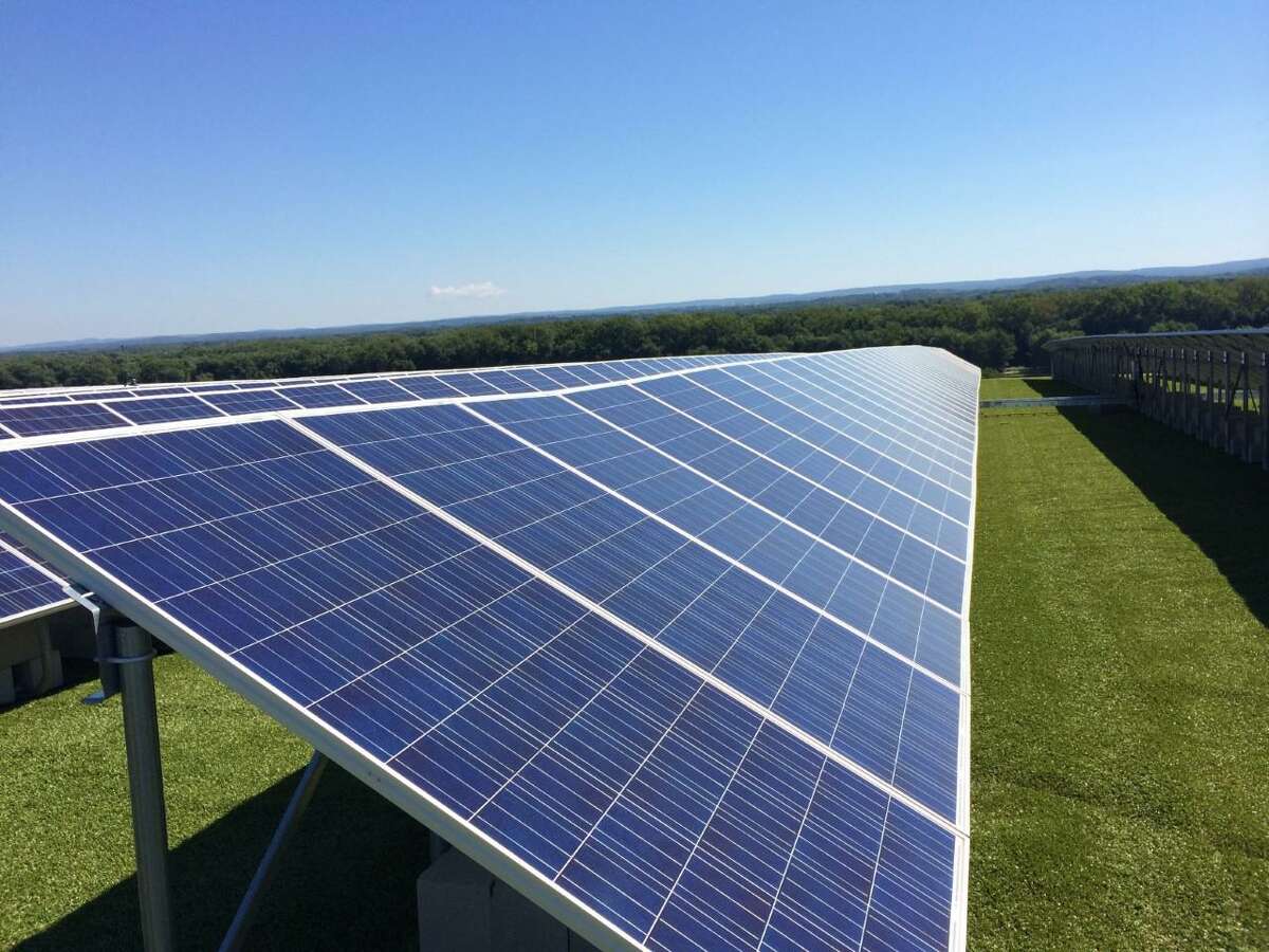 A 2014 photo of solar panels located on top of Hartford's North Meadows landfill. The Hartford landfill projects has nearly 4,000 photovoltaic panels that trun sunlight into electricity.