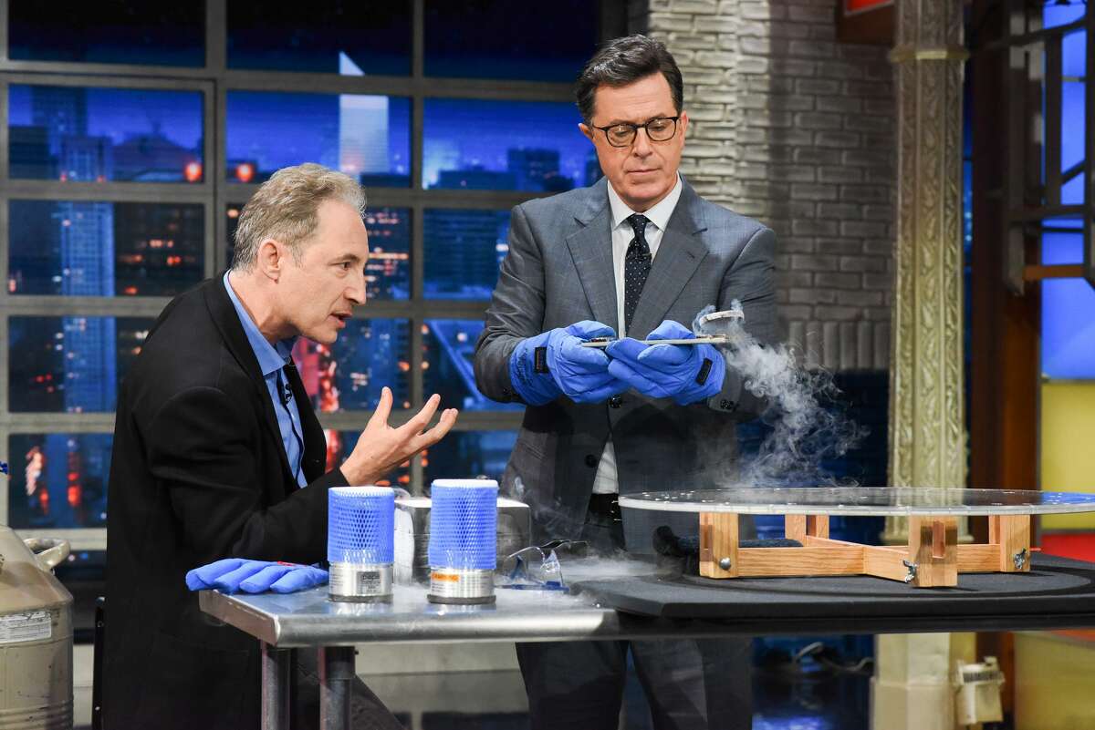 “The Late Show With Stephen Colbert” guest Brian Greene helps the host with a science experiment.