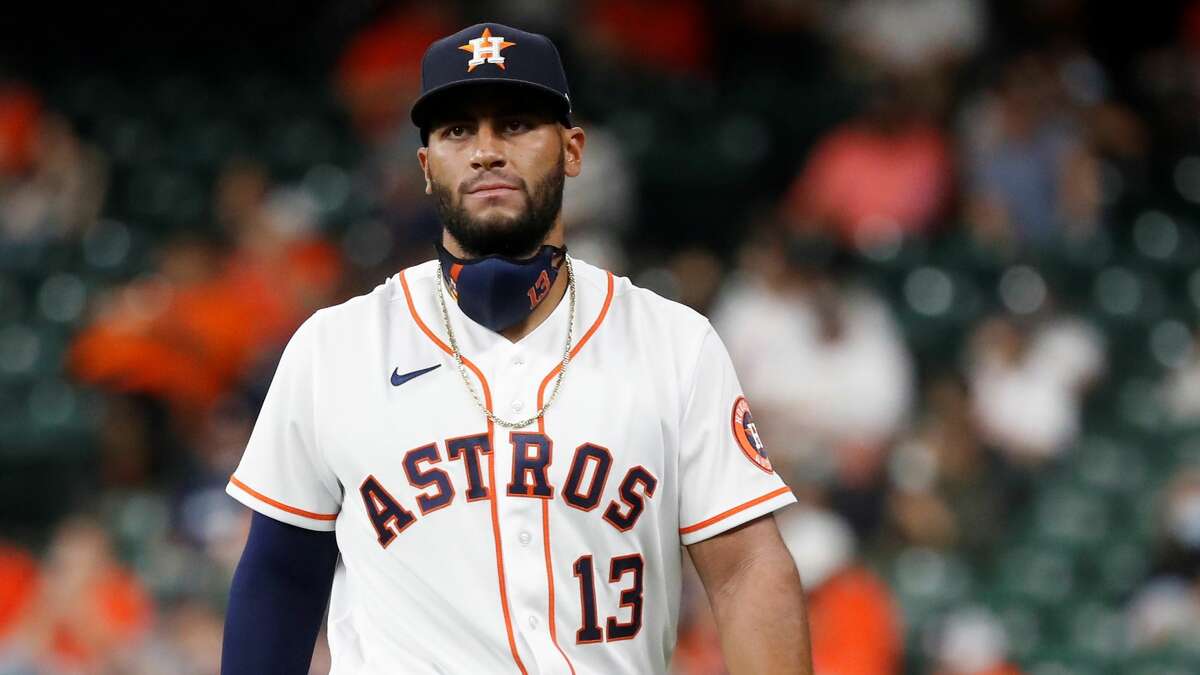 Houston Astros third baseman Abraham Toro (13) during the first inning of an MLB baseball game at Minute Maid Park, in Houston, Wednesday, April 14, 2021.