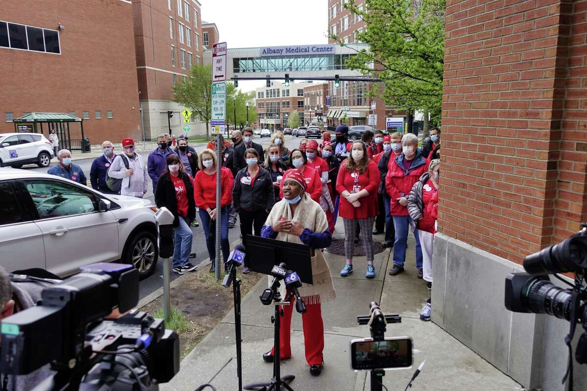 Tonia Bazel, a Albany Med R.N., on the infectious disease unit, talks about her worries and frustrations about what she and other nurses say are poor staffing levels at the hospital. Nurses from Albany Med, who are members of the the New York State Nurses Association, held a press conference outside the hospital on Tuesday, April 27, 2021, in Albany, N.Y. (Paul Buckowski/Times Union)