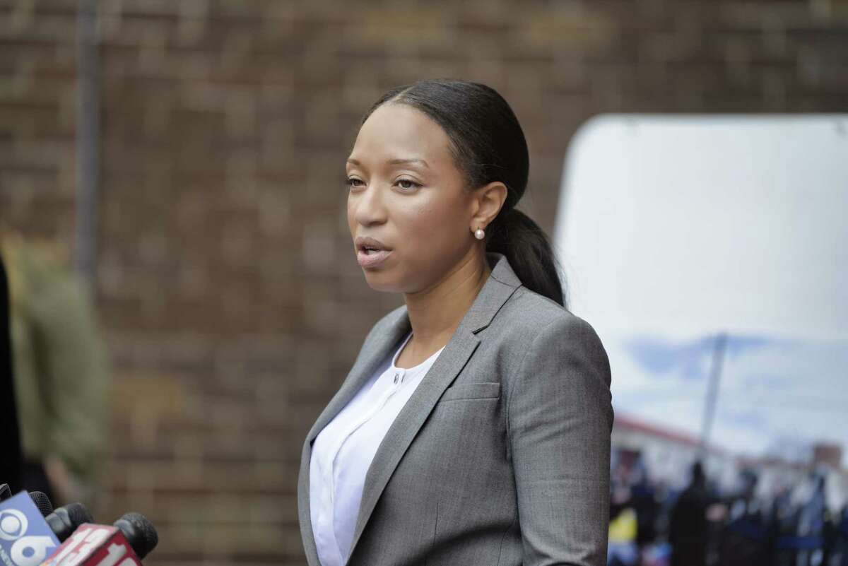 Nairobi Vives, chair of the Albany Community Police Review Board speaks at a press conference on Tuesday, April 27, 2021, in Albany, N.Y. The press conference was held to discuss the police actions on protestors who had been camping outside the South Station. (Paul Buckowski/Times Union)