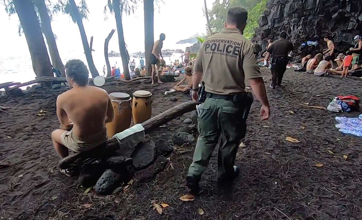 Law enforcement patrols Kehena Beach in Hawaii on April 25, 2021.