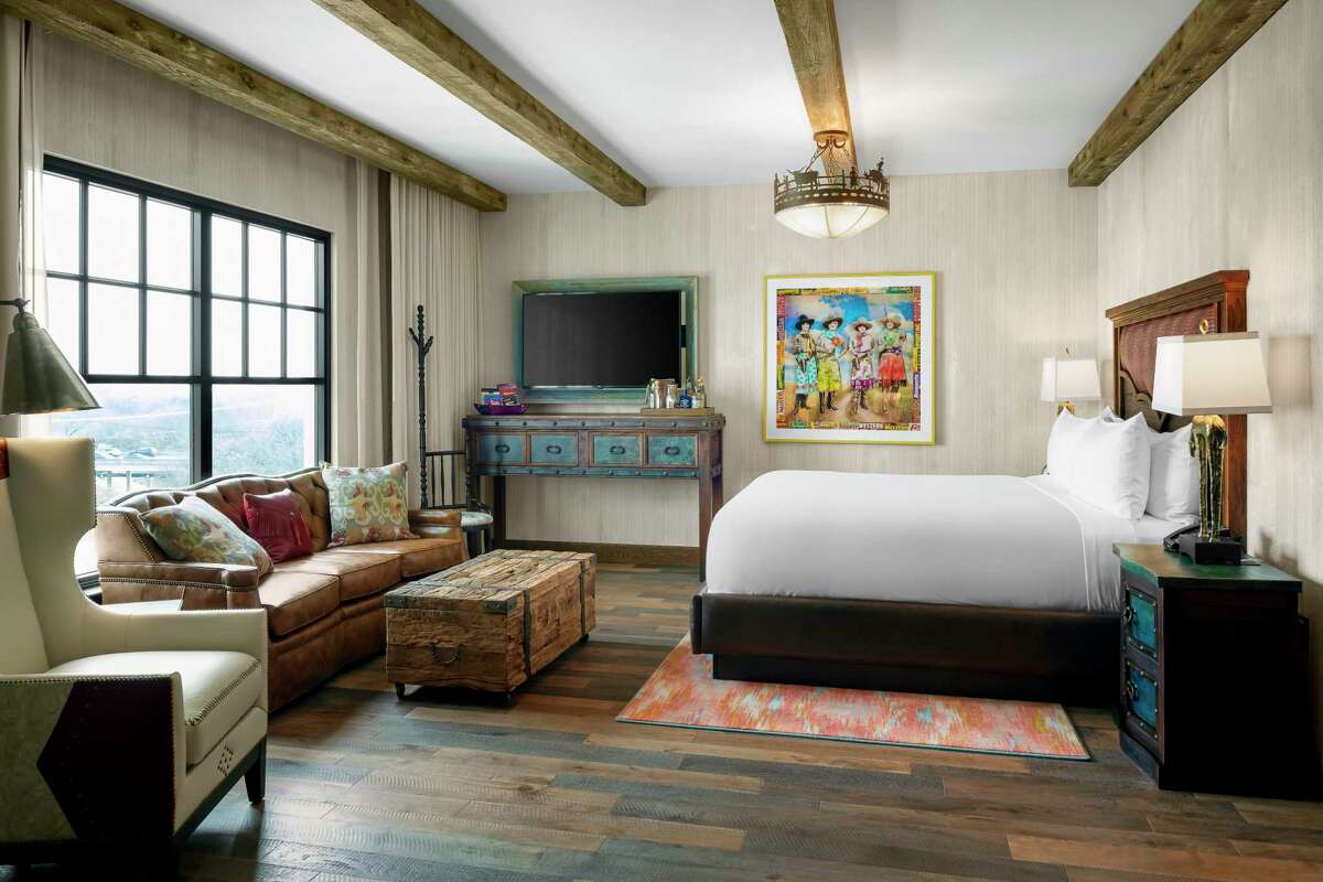 A guest room at Hotel Drover, a new boutique luxury hotel in the Mule Alley development in Fort Worth's Stockyards Historic District. Part of Marriott’s Autograph Collection, the hotel offers 200 individually designed rooms,