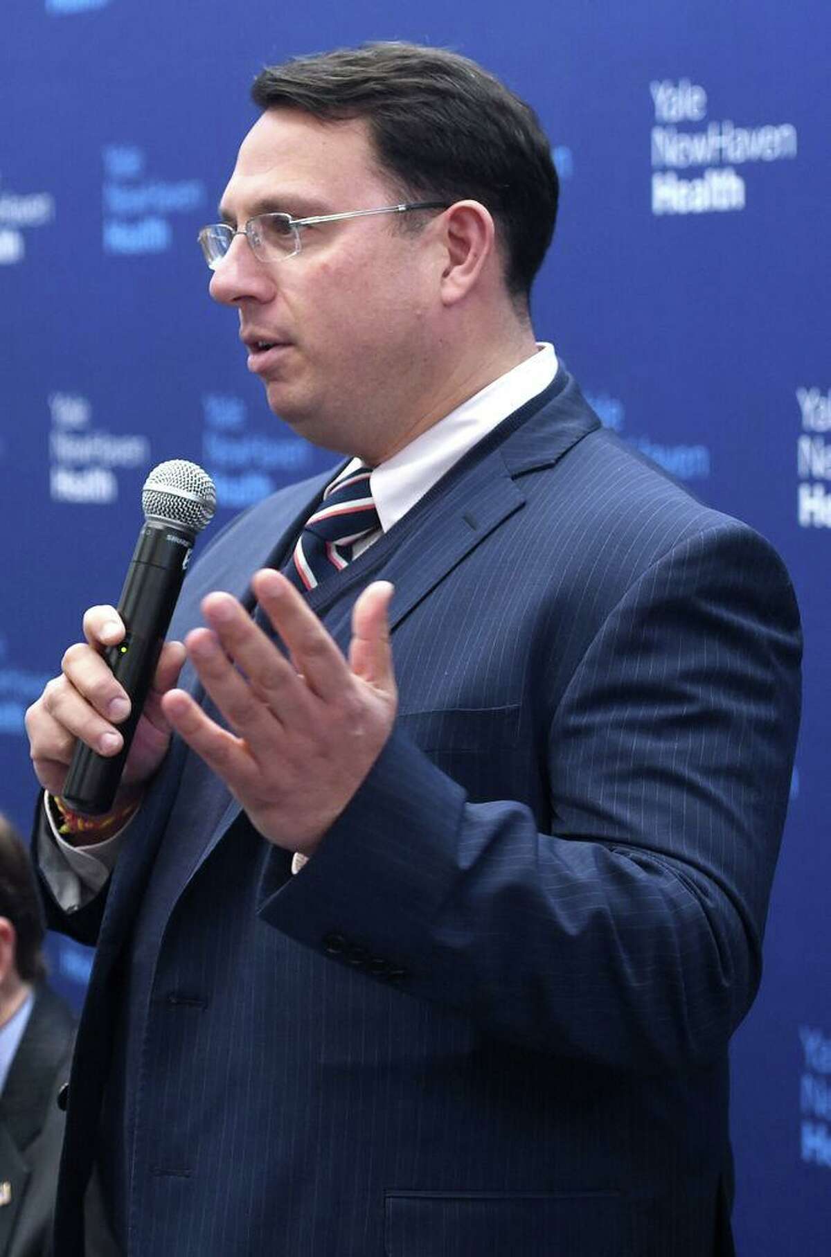 Milford Mayor Ben Blake speaks at a roundtable discussion on the impact of the coronavirus at Bridgeport Hospital's Milford Campus on February 28, 2020.
