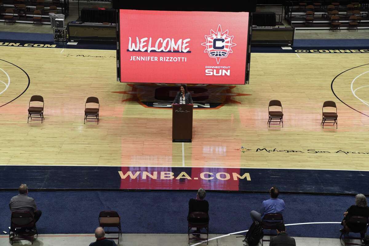 Jennifer Rizzotti was introduced as president of the WNBA’s Connecticut Sun on Tuesday, April 27, 2021 at Mohegan Sun Arena in Uncasville, Conn. The New Fairfield native was a national championship winner at UConn.