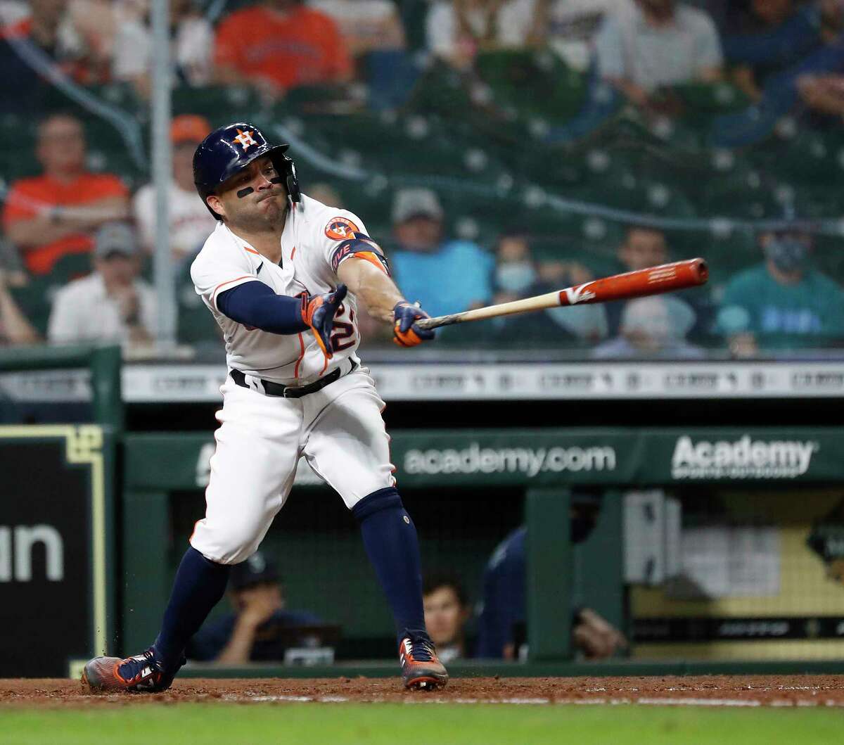 Seattle Mariners' Kyle Lewis leads off of first base after hitting a single  against the Texas Rangers during the second inning of a baseball game  Saturday, May 29, 2021, in Seattle. (AP