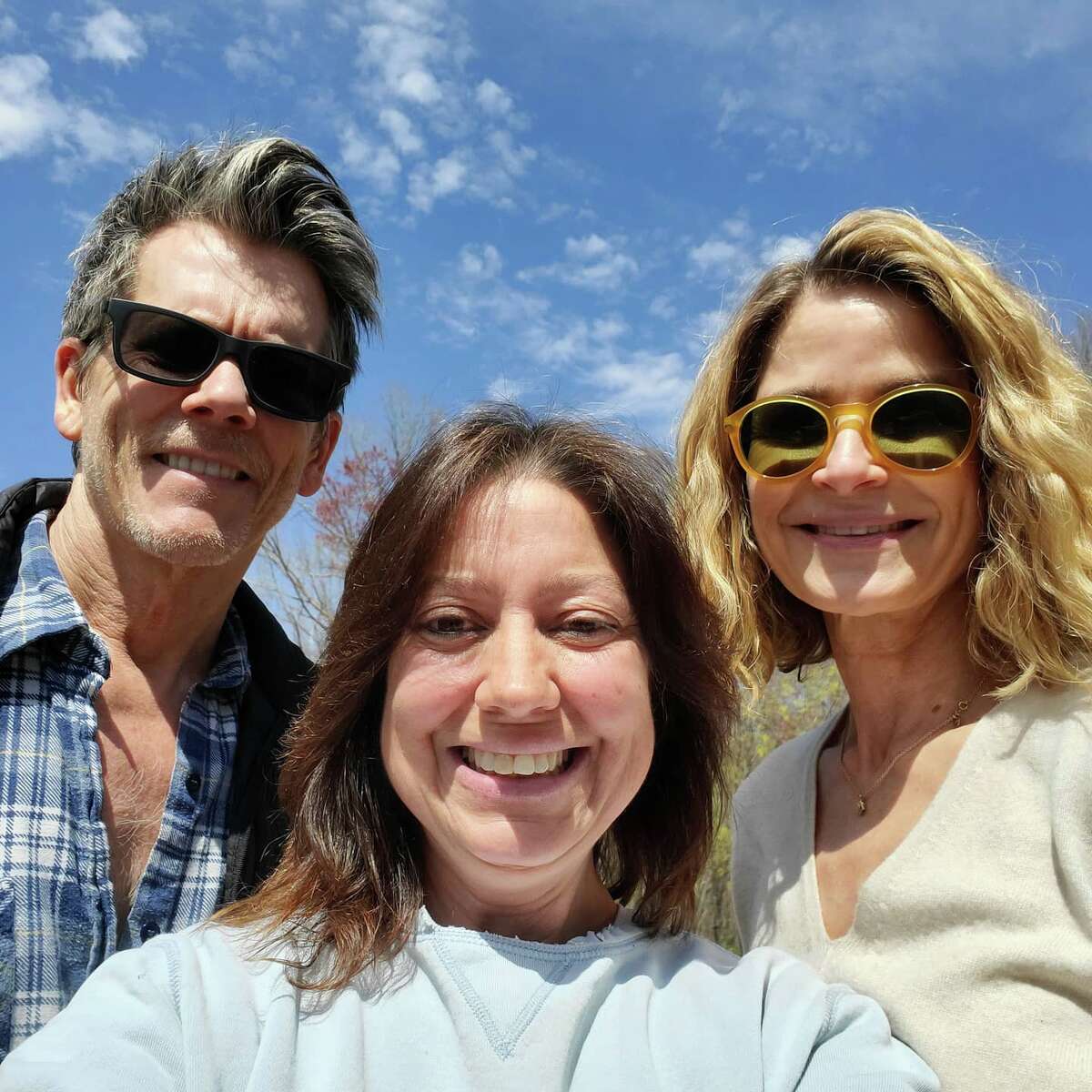 Actors Kevin Bacon (left) and Kyra Sedgwick (right) took a selfie with Tracy Longoria, owner of Aussakita Acres Farm in Manchester, Conn. on Tuesday, April 27, 2021. The actors selected two goats from the farm to join the two they purchased from the farm in 2020. 