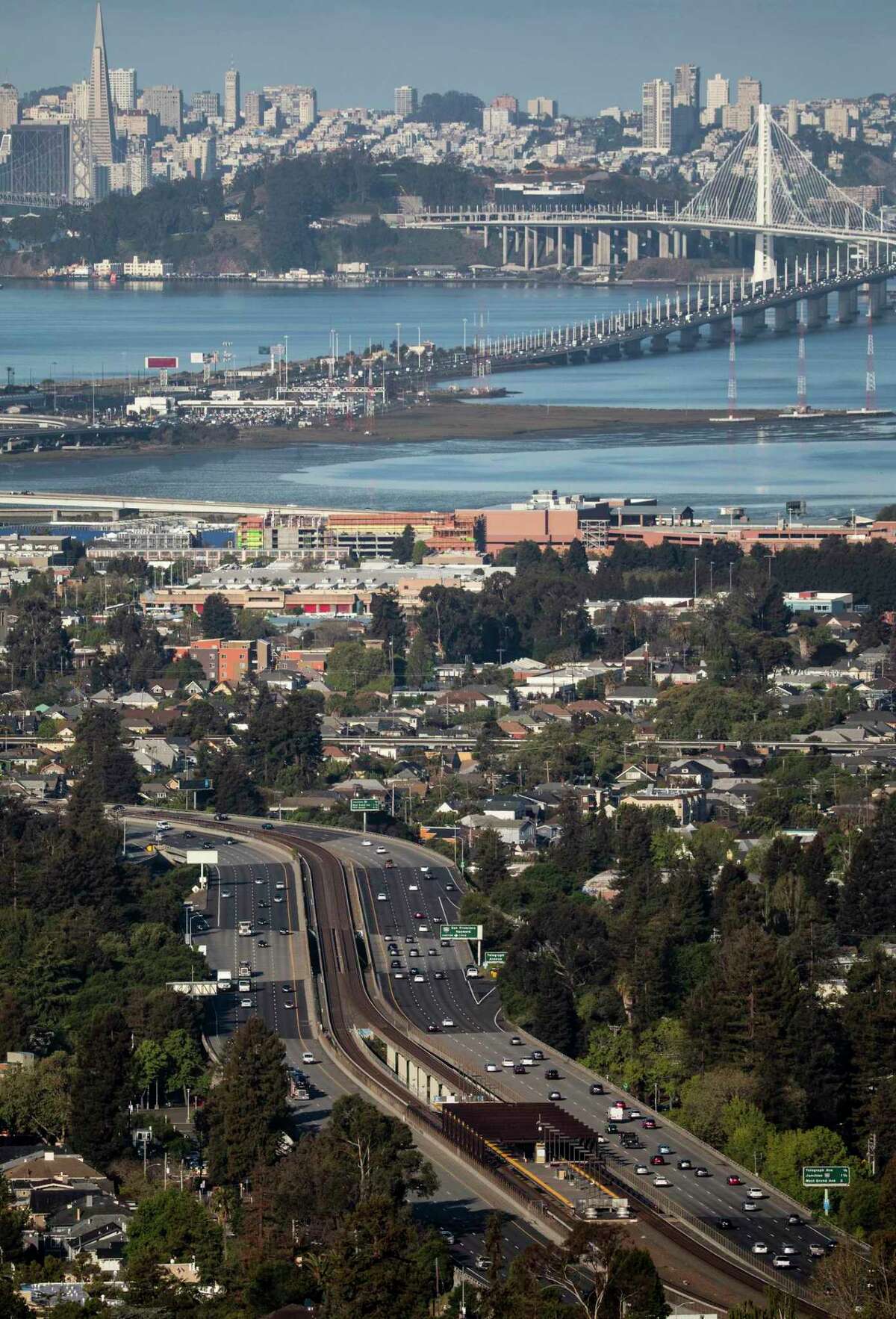 Cars move comfortably along Highway 24 in Oakland in April. Caltrans data for the Bay Area’s nine counties shows that while traffic volume has rebounded to near pre-pandemic levels, actual congestion on freeways still remains lower than what it was before the pandemic.