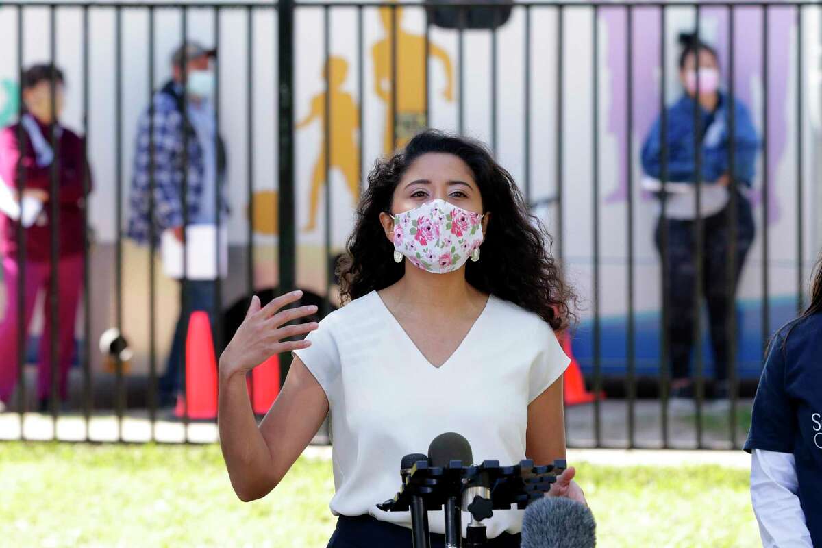 Harris Co. Judge Lina Hidalgo makes comments to the press and other area residents before getting her first dose of the Moderna vaccine at Pitner Pocket Park Thursday, Apr. 1, 2021 in Houston, TX.