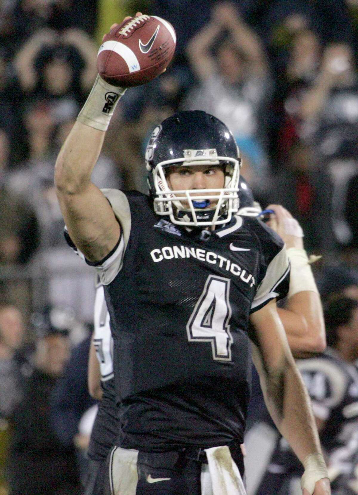 UConn quarterback Tyler Lorenzen reacts after UConn defeated Louisville, 21-17, in a big East Conference football game in East Hartford, Conn., Friday, Oct. 19, 2007.