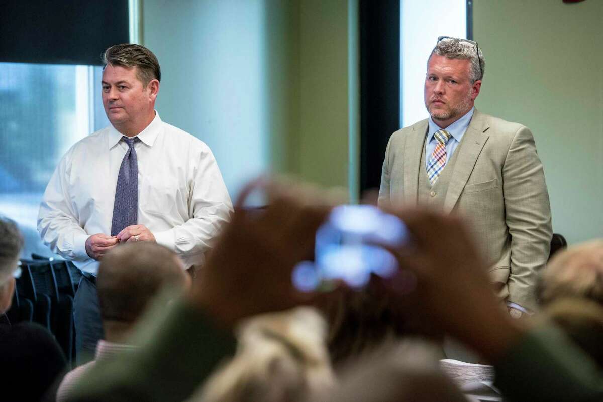 Michael Wibracht, president of 210 Development Group, right, and partner Mark Tolley, meet with the Mission San Jose Neighborhood Association in 2015 to address concerns about a proposed apartment project. Wibracht is facing a possible federal prison sentence for defrauding the government.