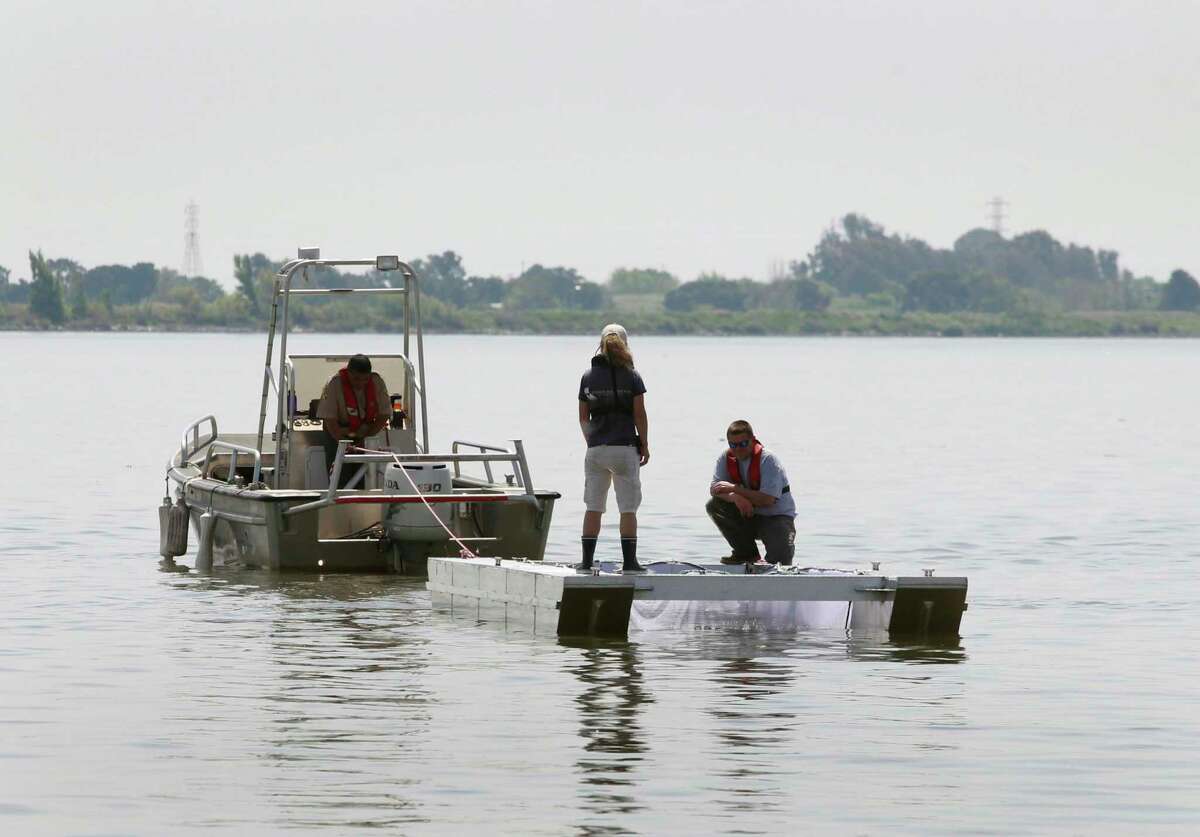 State fish and game officials position a net pen filled with chinook salmon smolts in the Sacramento River in Rio Vista in 2014, before they are released into the river. Fish from inland hatcheries will be trucked to coastal locations for release this year.