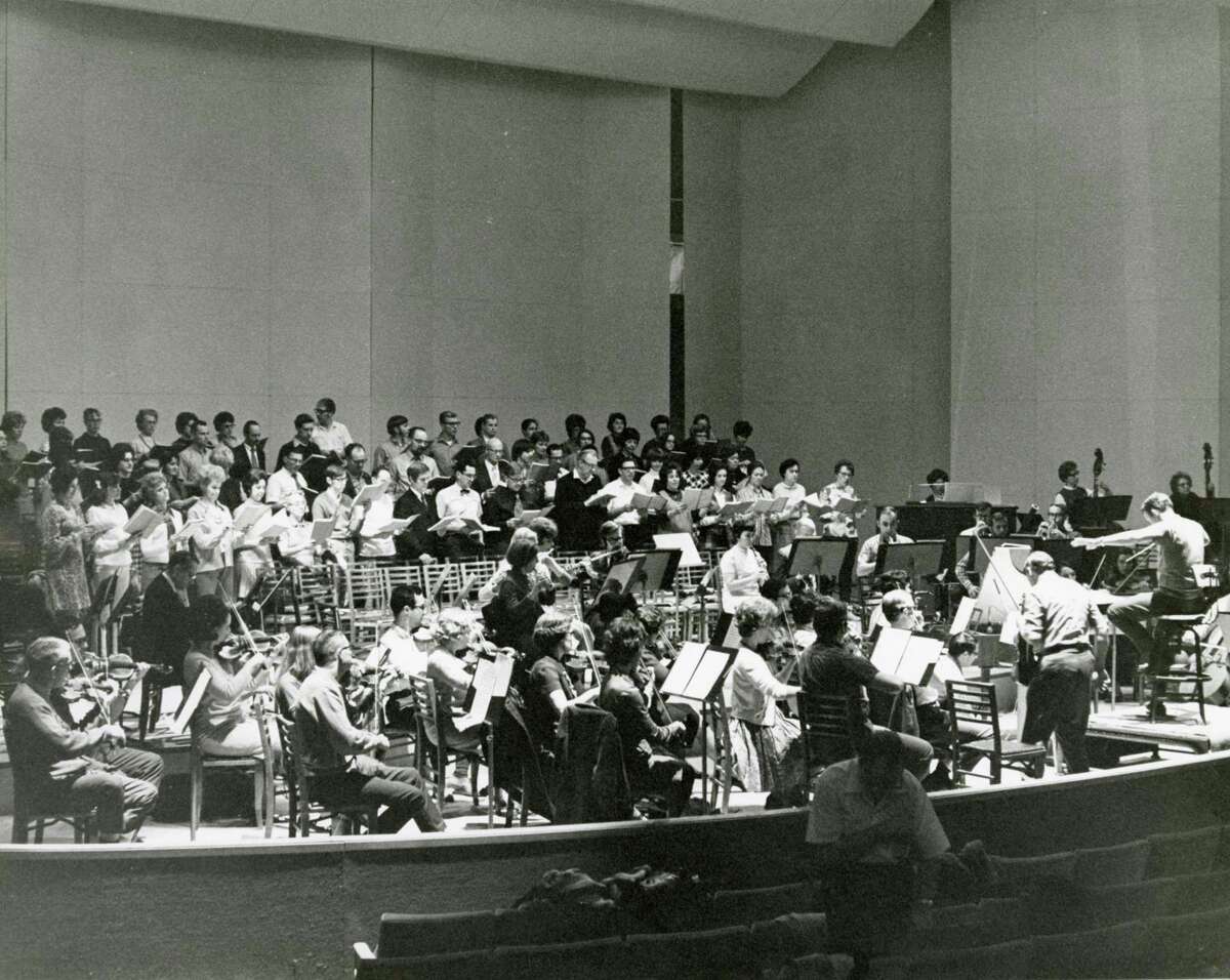 The Midland Center for the Arts month-long celebration in 1971 began on May 1 and 2 with a concert by the Music Society Chorale and Midland Symphony Orchestra, performing the world premiere of the Cantata "Truth" by Dave Brubeck, who was in attendance for that event. Pictured is a rehearsal for the concert. (Photo Provided)