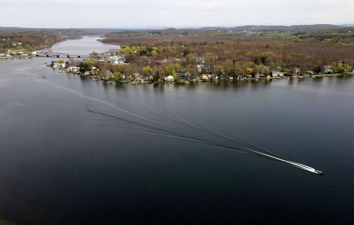 Aerial view of Saratoga Lake looking north toward Route 9P on Wednesday, April 28, 2021, in Saratoga, N.Y. (Will Waldron/Times Union)