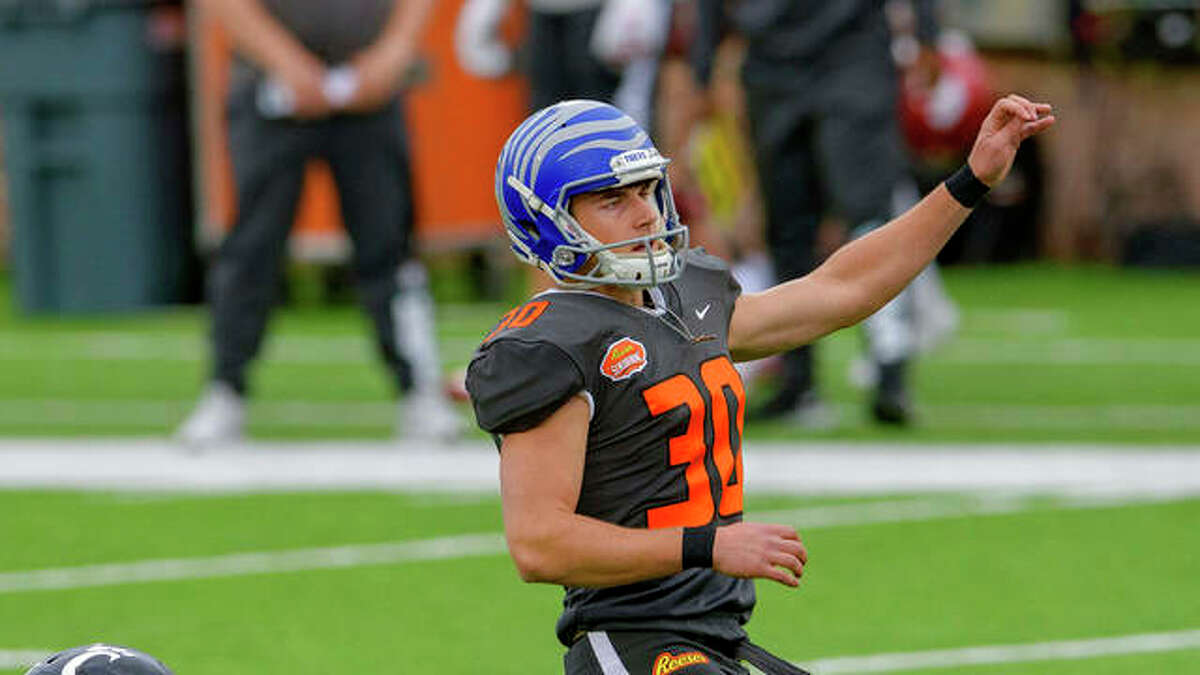 National Team kicker Riley Patterson of Memphis (30) watches his kick during the NCAA Senior Bowl college football game in Mobile, Ala., Saturday, Jan. 30, 2021.