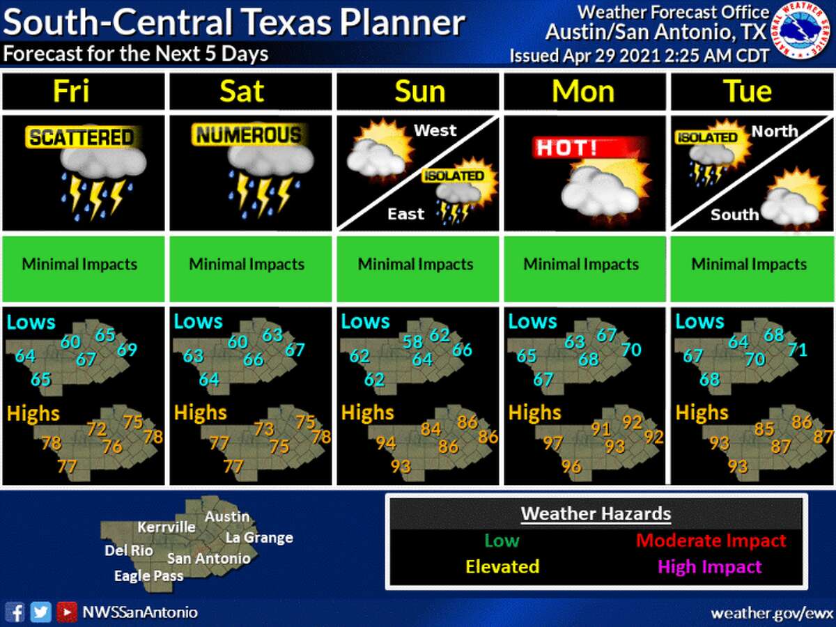 Scattered thunderstorms and showers are possible through most of Thursday and into Friday, according to the National Weather Service. Thunderstorms and rain are likely for Saturday and will not die down until Sunday morning, the NWS said.