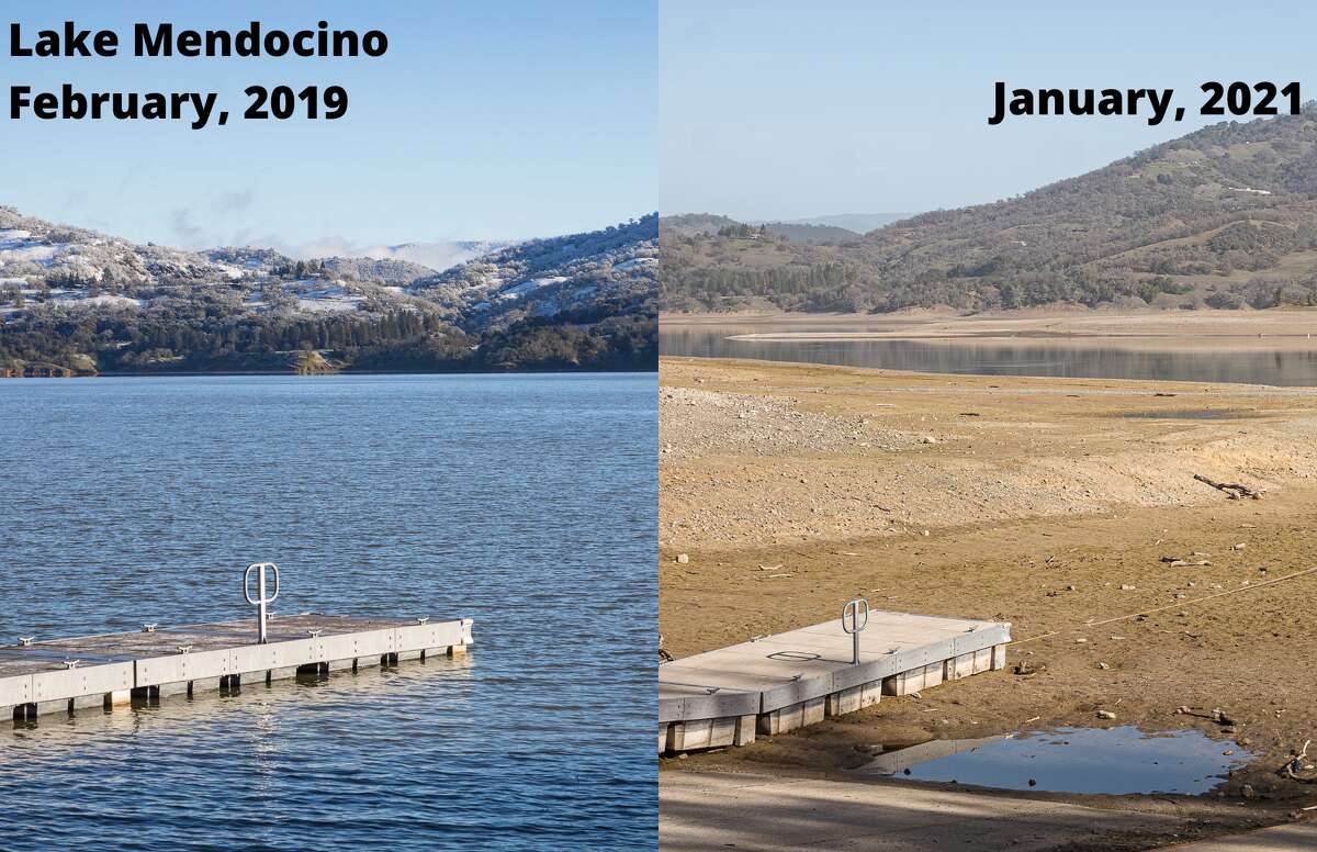 Two photos show contrast water levels in Lake Mendocino.