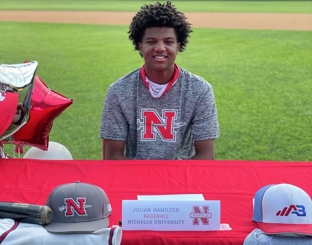 Julian Hamilton celebrated signing to play baseball at NIcholls State University at Memorial High School's Spring Signing Ceremony on the morning of April 29