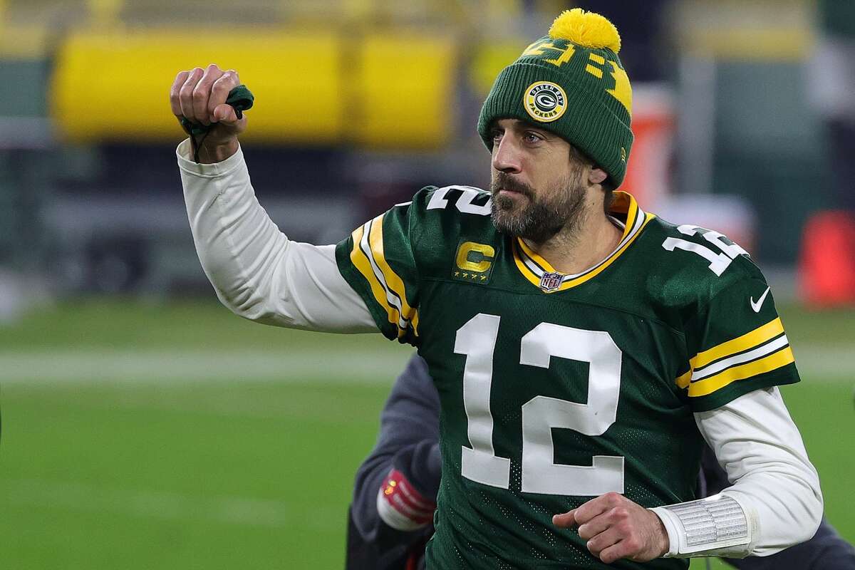 Aaron Rodgers of the Green Bay Packers leaves the field following the NFC Divisional Playoff game against the Los Angeles Rams at Lambeau Field on Jan. 16, 2021, in Green Bay, Wis. The Packers defeated the Rams 32-18.