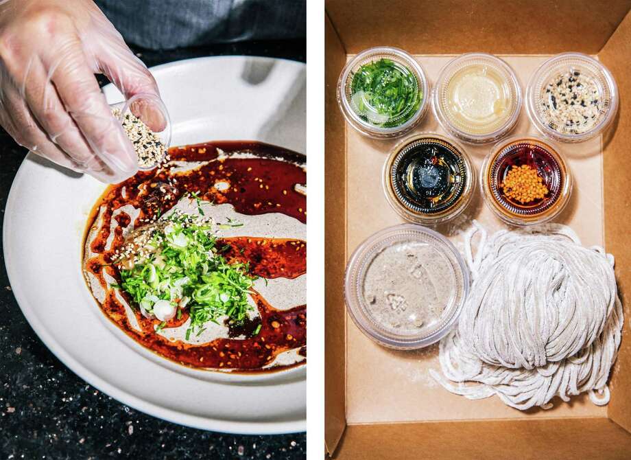 Left: William Lim Do, founder of Lao Wai Noodles and former sous-chef at Mister Jiu’s, combines toppings for his hand-pulled Neijiang “sweet water” noodles at his home in Daly City. Right: A Neijiang “sweet water” noodle kit made by William Lim Do, founder of Lao Wai Noodles and former sous-chef at Mister Jiu’s. Photo: Stephen Lam / The Chronicle / San Francisoc Chronicle