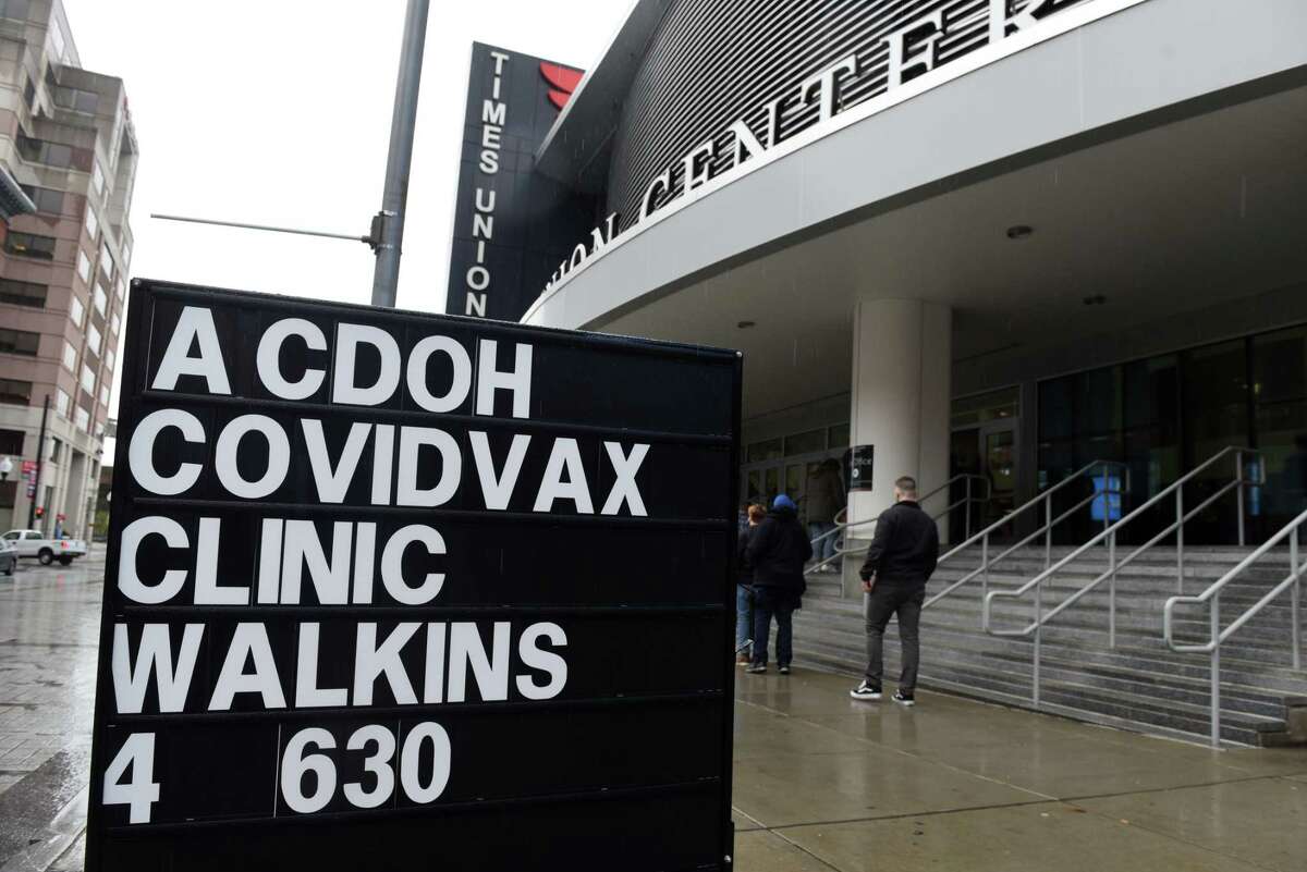 A walk-in Albany County COVID-19 vaccination clinic was held at the Times Union on Thursday afternoon, April 29, 2021, in Albany, N.Y. One out of every two residents in the Capital Region has now received at least one dose of the coronavirus vaccine, making the region the first in the state to vaccinate half its population, state data show. (Will Waldron/Times Union)